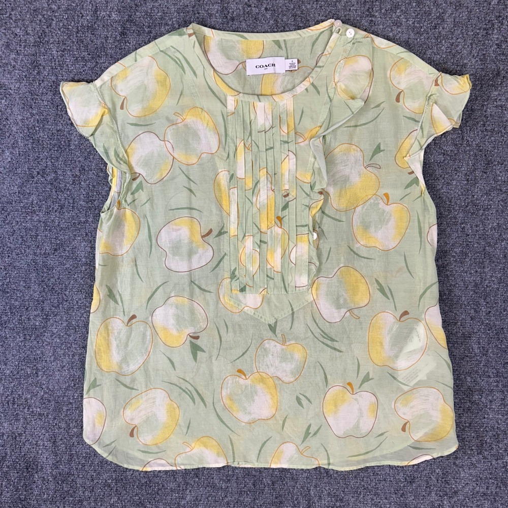 Coach 1941 Green Apple Print Pleated Bib Ruffle Blouse Cotton Cupro Size 6